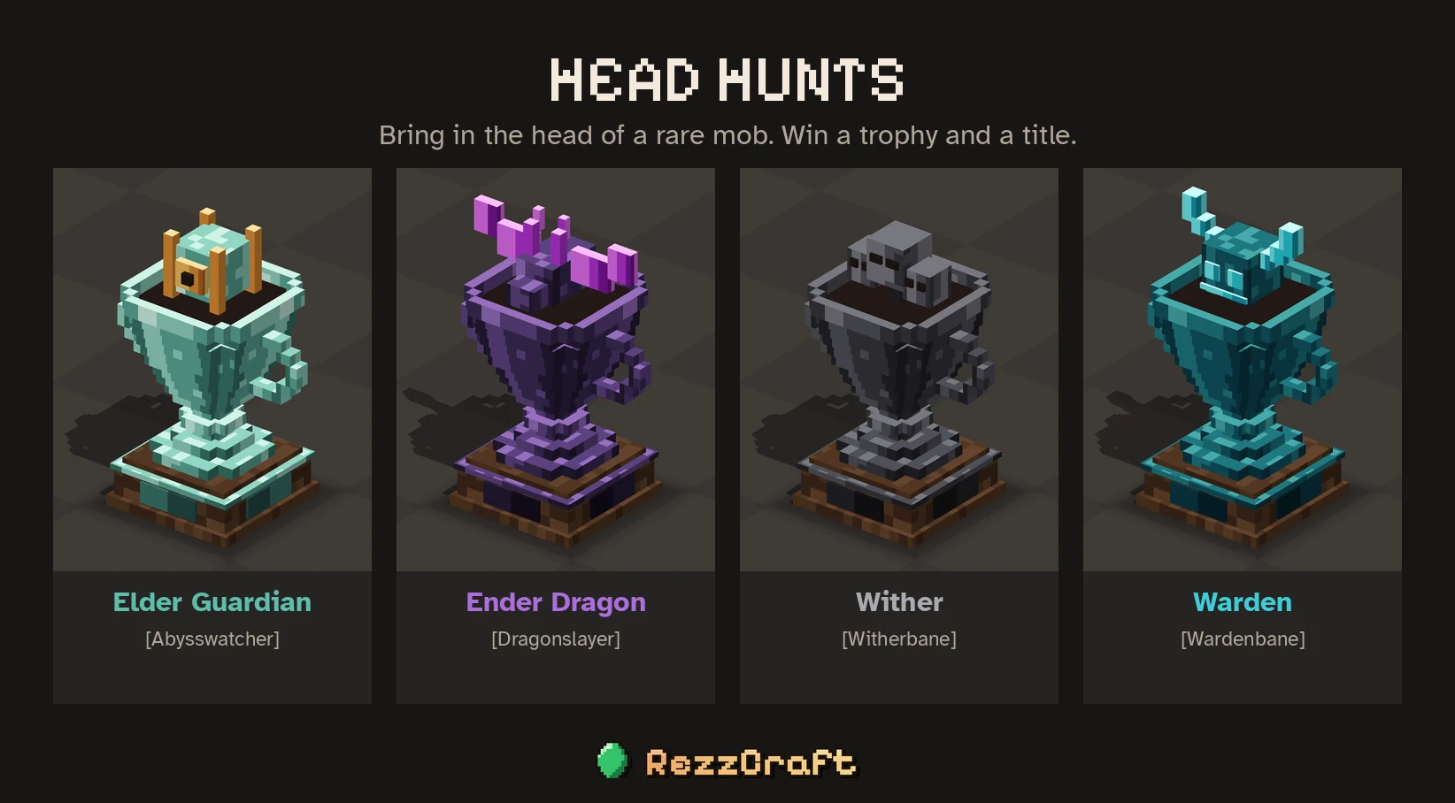 The 4 Head Hunt trophies and their titles: Abysswatcher, Dragonslayer, Witherbane and Wardenbane