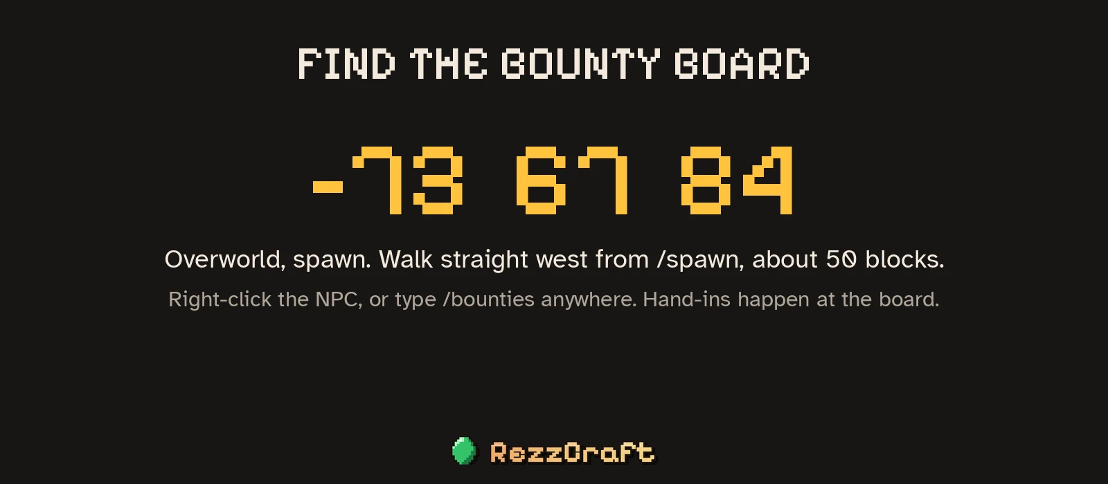 Bounty Board location: -73 67 84, straight west from spawn