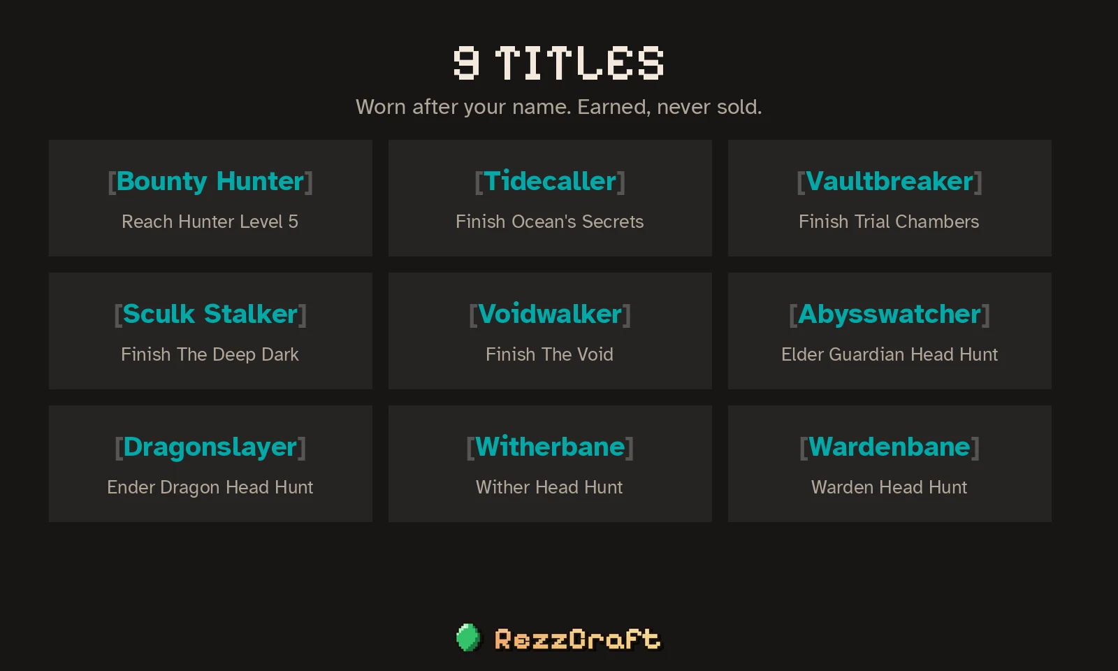 The 9 titles: Bounty Hunter, Tidecaller, Vaultbreaker, Sculk Stalker, Voidwalker, Abysswatcher, Dragonslayer, Witherbane and Wardenbane, with how to earn each