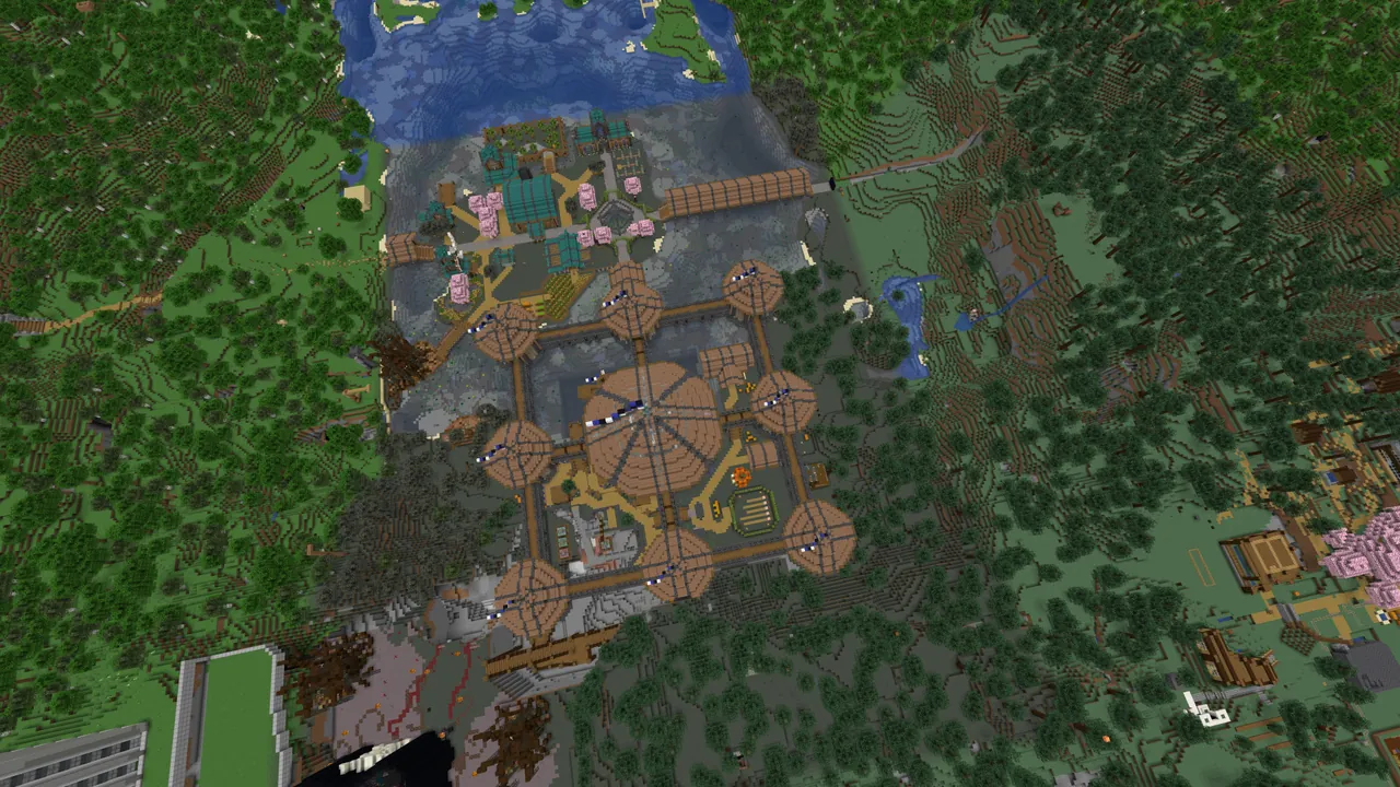 Wide view of spawn surrounded by forest and player builds