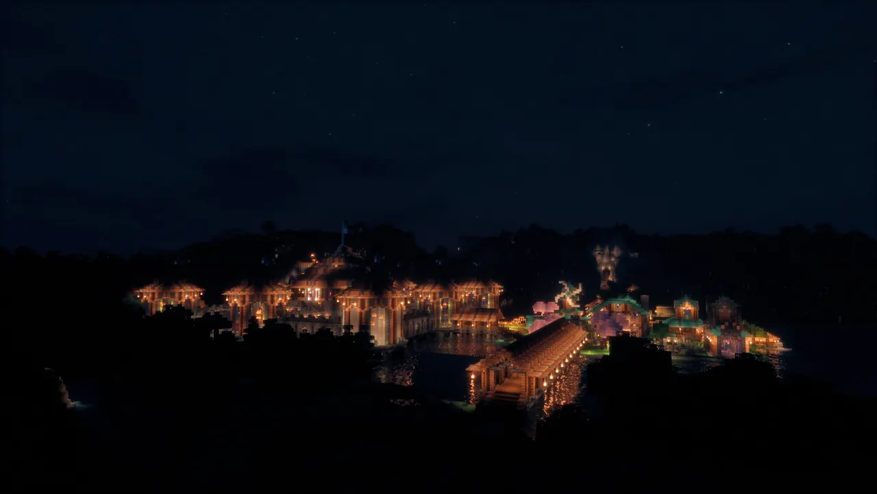 The spawn town lit by lanterns at night