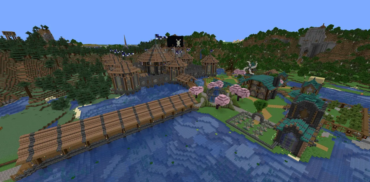 Spawn from above: castle, long bridge, cherry trees and market halls by the water